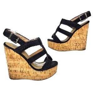 Soda Shoes Womens 7 Black Strappy Wedge Heels Peep Toe Summer Boho Bohemian Sexy